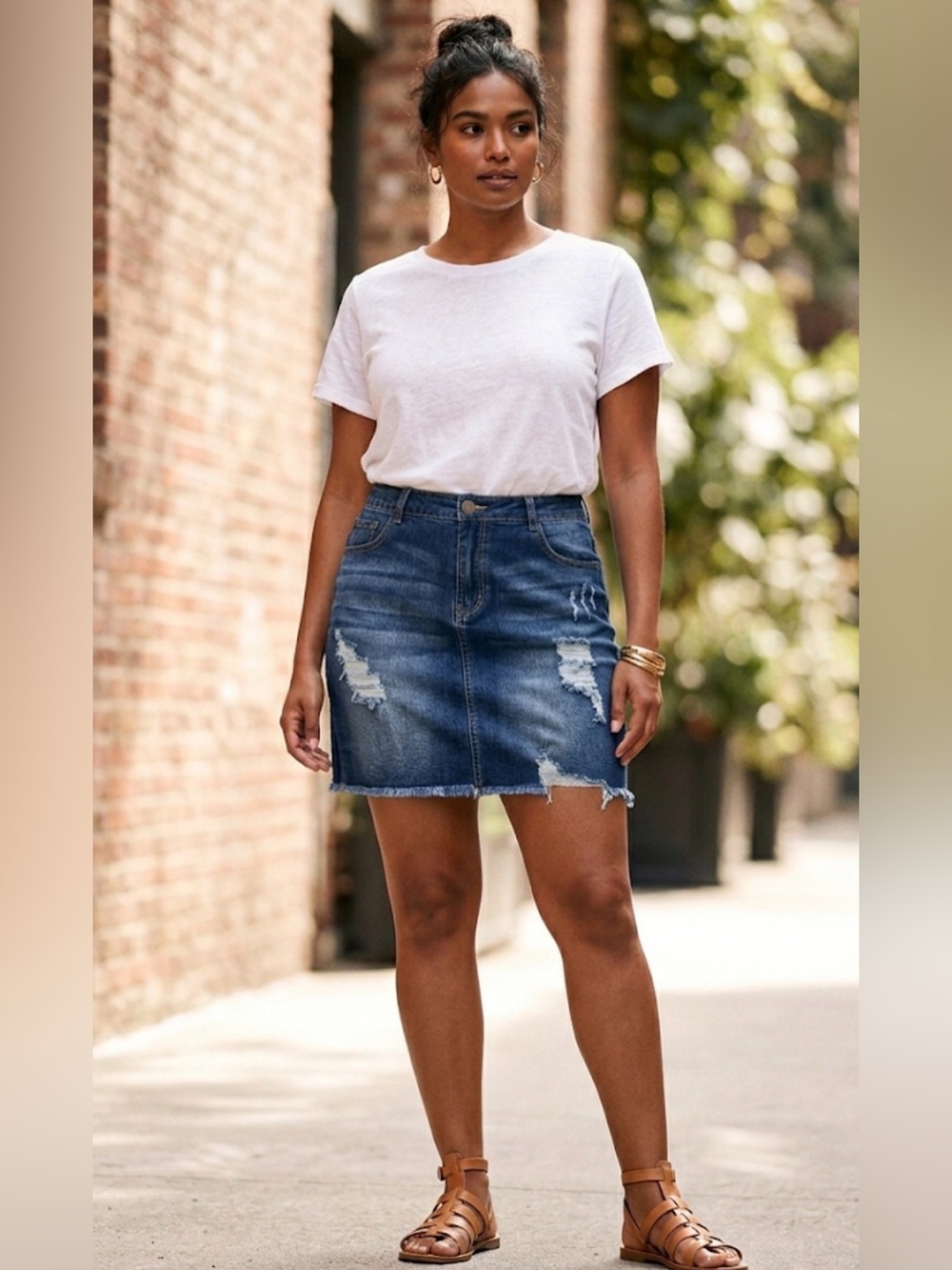 Distressed Blue Denim Mini Skirt With Frayed Hem